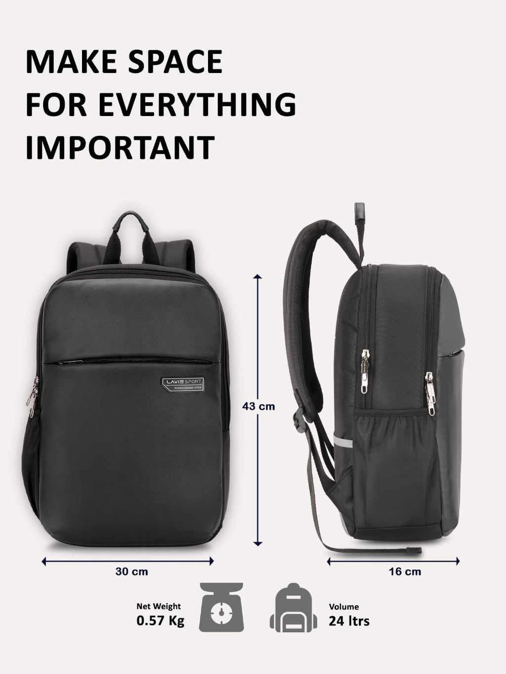 Lavie Sport Chairman 24 Litres Backpack with Padded Laptop Sleeve | Fits upto 14" Laptop | Polyster Business Backpack for Men & Women | Durable Office Bag | Upto 14 inch Notebook/MacBook Compatible